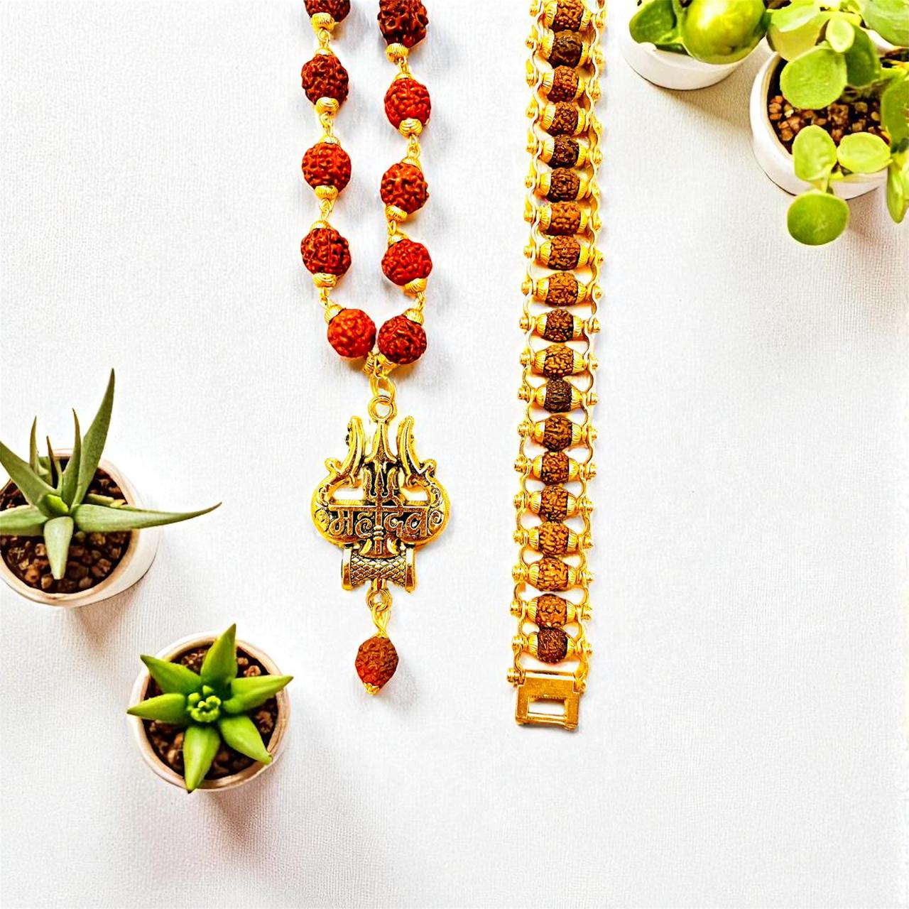 Gold Plated Rudraksha Om Trishool mala with  Modern Bracelets Combo