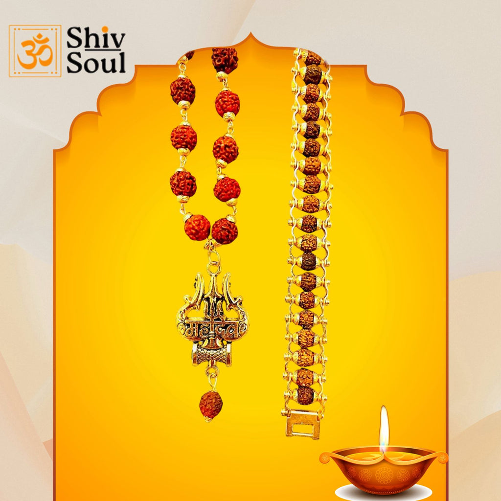 Gold Plated Rudraksha Om Trishool mala with  Modern Bracelets Combo